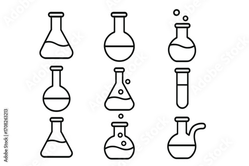 Science lab icon set. Chemistry line icons collection. Laboratory flask, beaker, test tube vector signs. Experiment, research, chemical reaction outline symbols for web design.