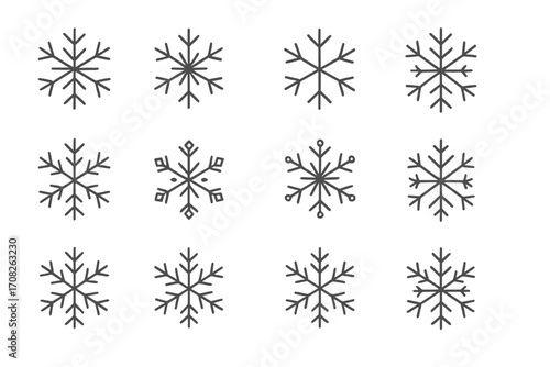 Snowflake thin line icon set. Winter snow frost crystal symbols. Christmas holiday decoration element. Minimal outline vector illustration for web design, apps, and print.