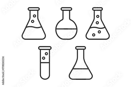 Laboratory flask and test tube line icon collection. Vector outline symbols for science, chemistry, and research. Simple lab glassware illustration for web, apps, and experiments.