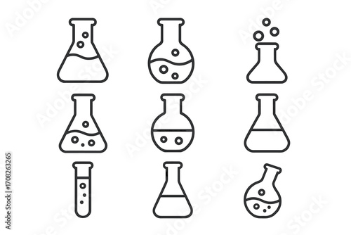 Laboratory flask and test tube line icon set. Chemistry glassware outline signs for science, research, and experiment. Chemical reaction vector symbols for web, apps, graphic design.