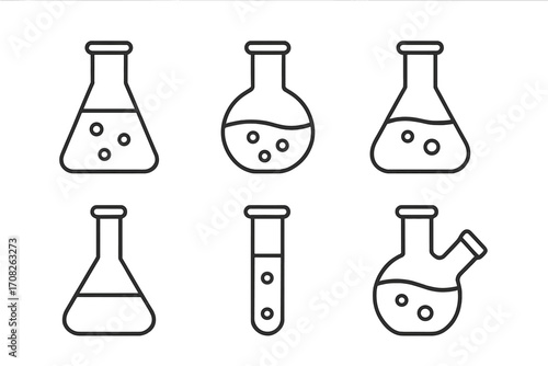 Science lab line icon set. Laboratory flask, beaker, test tube outline symbols. Chemistry research, experiment, medical analysis vector icons. Chemical glassware collection.