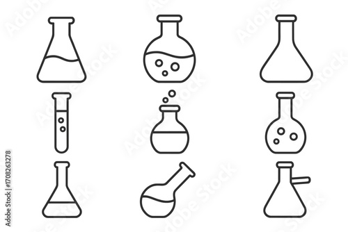 Laboratory flask and test tube line icon set. Chemistry beaker outline symbols. Science experiment, chemical reaction, lab research vector pictogram collection for web design.