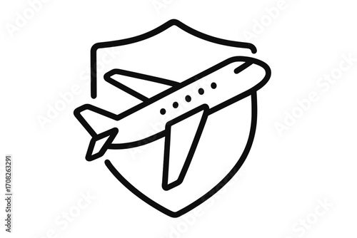 Airplane and shield outline icon, aviation safety symbol, aircraft protection concept, thin line vector design for web, apps, adverts, and cards, transparent background