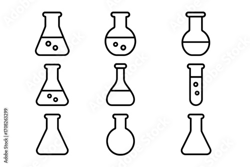 Laboratory flask line icon set. Chemistry beaker, test tube, and lab glassware outline icons. Science, education, web, and app design. Chemical research experiment vector.