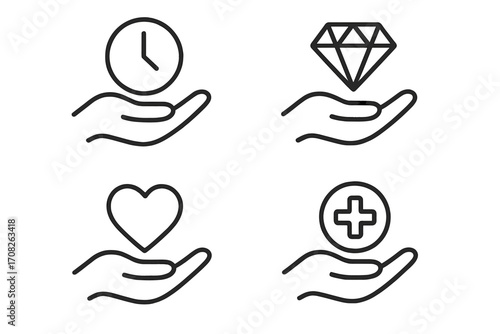 Charity and donation line icon set. Core values concept. Giving time, money, love and health. Volunteer support outline signs for web, apps. Vector illustration.