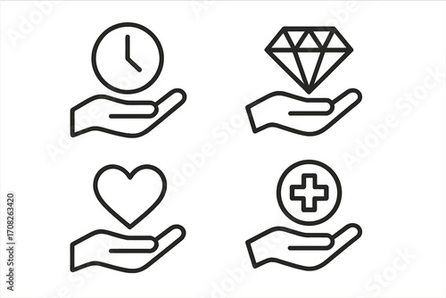 Charity and donation line icon set. Giving time, money, love, and health. Volunteer support, care, and help concept. Vector outline pictograms for web and graphic design.