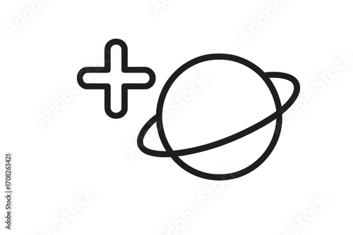 Plus symbol next to planet with rings outline icon, vector cartoon illustration, graphic and web design element, mobile apps, advertising, space concept, transparent background