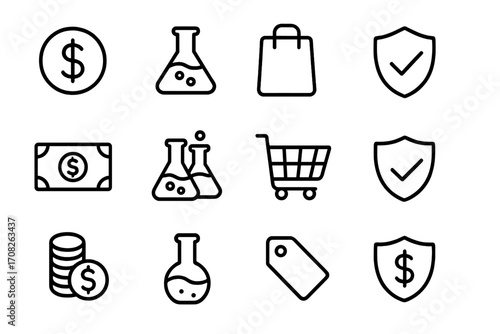 Line icon set for business, finance, and science. E-commerce and security concepts. Money, lab flask, shopping cart, and secure payment shield. Vector with editable stroke.