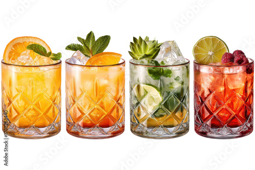 Amaretto Sour, Caipirinha, Boulevardier, Mai Tai cocktail transparent PNG set bundle, isolated background. Mixology, bar menu cocktails, colorful refreshing drink with garnish