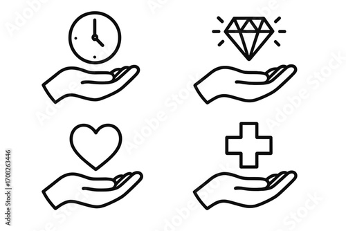 Charity and donation line icon set. Concepts of giving time, money, love, and health aid. Volunteer and support symbols for web and apps. Vector outline illustration.