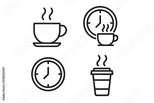 Coffee break time icon set. Vector line art symbols of a hot drink cup, clock, and takeaway coffee. Minimalist outline icons for web design, cafe menu, and office concepts.