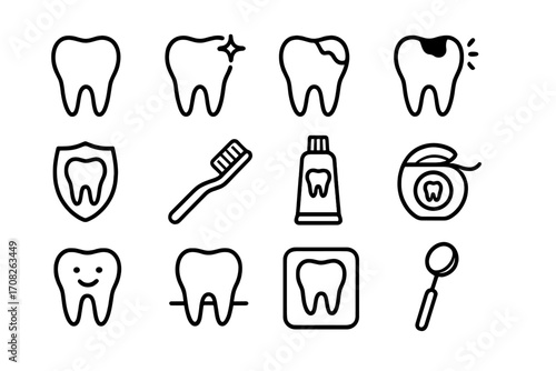 Dental care line icon set. Dentistry, stomatology outline signs. Tooth with caries, toothbrush, toothpaste, floss, xray, braces simple icons. Oral hygiene and health vector pack.