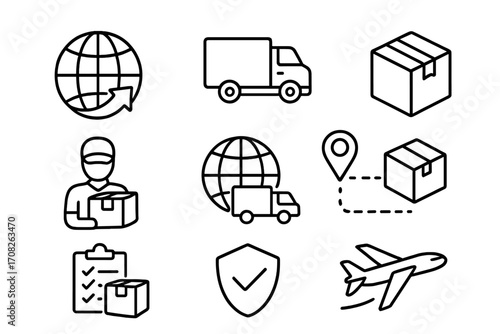 Global delivery icon set. Shipping and logistics line icons. Worldwide freight transport. E-commerce business signs. Cargo service symbols. Vector outline pictograms.
