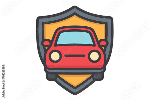 Vector cartoon illustration of a red car with shield emblem, protection symbol for automotive design, security, insurance, transportation, safety concept, transparent background