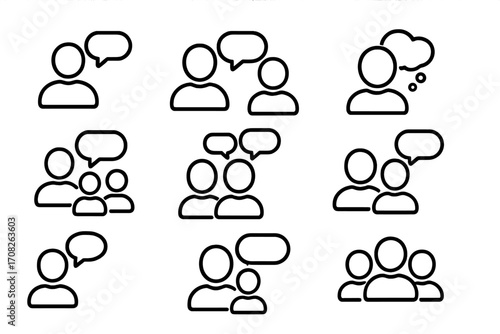 People with speech bubble line icon set. Vector user avatars for communication, chat, dialogue, forum and feedback. Outline symbols for teamwork, group discussion and support.