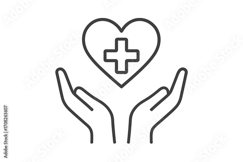 Minimalistic Healthcare Symbol with Hands and Heart, Medical Care Icon, Health Protection Concept, Thin Line Vector Illustration for Web, Apps, Banners, Social Media Graphics