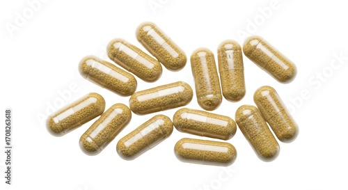 Photos Isolated medicinal capsules containing herbal supplement ingredient, holistic he