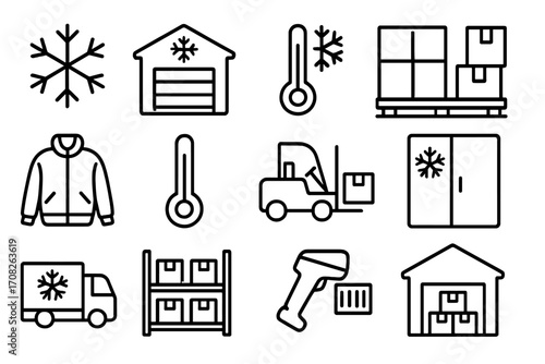 Cold chain logistics line icon set. Refrigerated warehouse, frozen transport and storage symbols. Vector outline icons for delivery, shipping, temperature control, forklift.