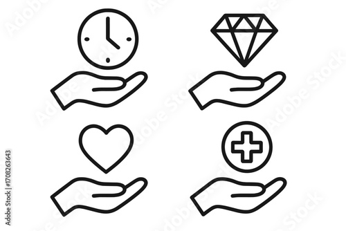 Line icon set of hands holding symbols. Concept of giving, charity, donation and benefits. Vector illustration for web, apps. Time, value, love, health, medical care concepts.