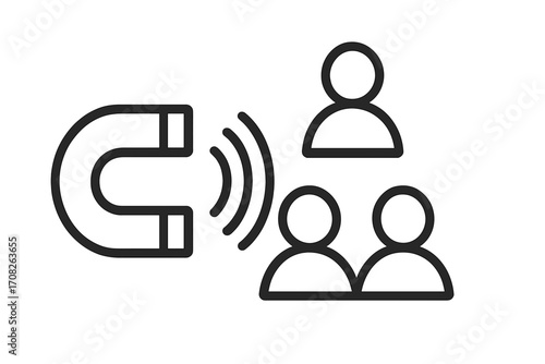 Minimalistic linear staff icon with magnet attracting group, business team symbol, social network connection concept, vector illustration for web, apps, banners, cards design