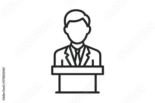 Speaker at podium line icon for business presentation or conference. Public speaking pictogram. Politician speech, leader announcement or lecture concept. Minimalist vector logo.