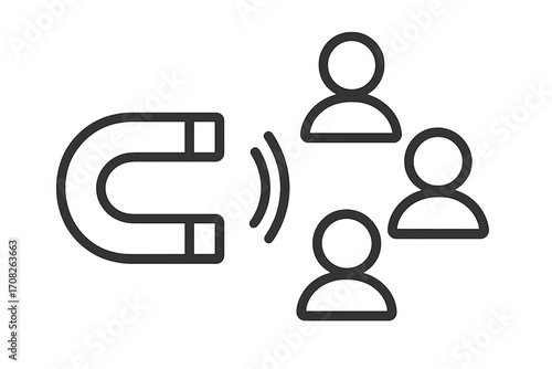 Minimalistic linear icon of magnet attracting people, staff recruitment, team building, human resources concept, social network connection, business growth vector illustration