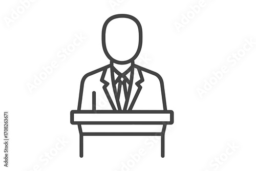 Speaker at podium line icon. Public speaking. Businessman giving a presentation or speech at a conference. Leader, orator, politician symbol. Vector pictogram for web, apps.