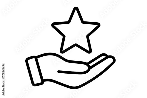 Hand holding star outline icon, symbol of excellence, quality, achievement, premium service, award, success, customer satisfaction, graphic design element, vector illustration