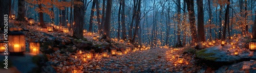 Enchanted forest glowing with lanterns, autumn leaves blanketing the ground