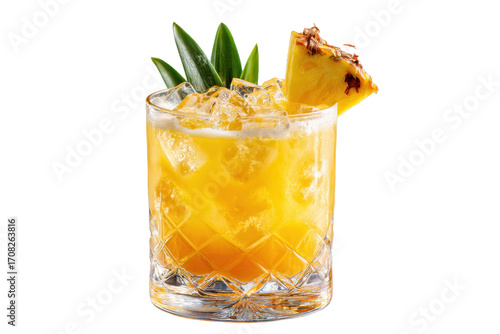 cocktail with pineapple wedge garnish white PNG isolated background. Mixology, bar menu, colorful vibrant refreshing drink in old fashioned glass