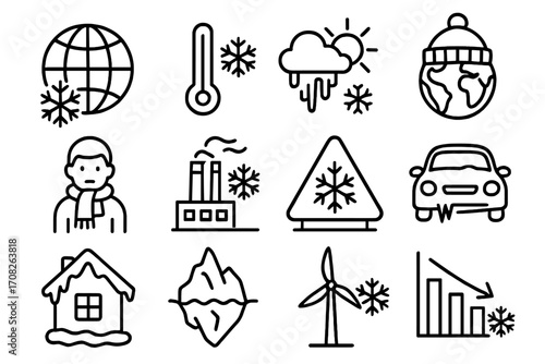 Winter line icon set. Cold weather, snow and ice collection. Vector signs for climate change, freezing temperature, global cooling, snowflake, iceberg and wintertime concepts.
