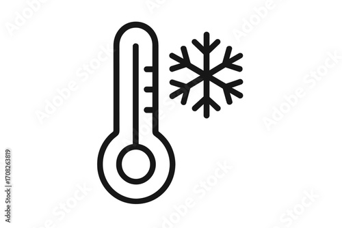 Minimalistic linear thermometer with snowflake icon, cold temperature symbol, weather and climate design element for web, apps, banners, social media, and cards vector illustration