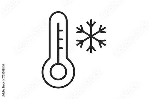 Minimalistic thin line thermometer icon with snowflake symbol cold temperature concept flat vector illustration for web graphic design apps banners social media cards
