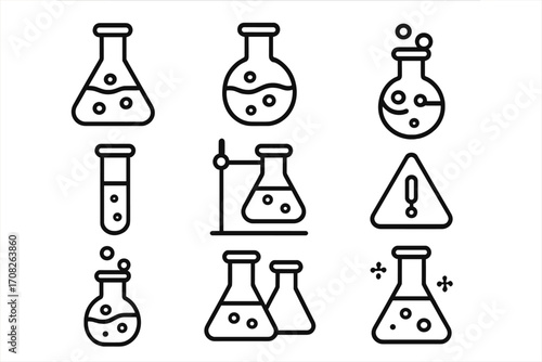 Chemistry lab line icon pack. Science and research vector symbols. Outline laboratory flask, test tube, beaker. Chemical experiment, reaction, solution, discovery concept.