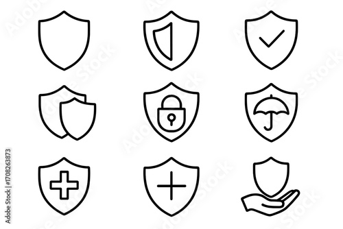 Shield icon set. Metaphor for security, protection, defense. Line pictogram for insurance, safety, privacy, guarantee. Vector outline symbols for web, UI, and app design.