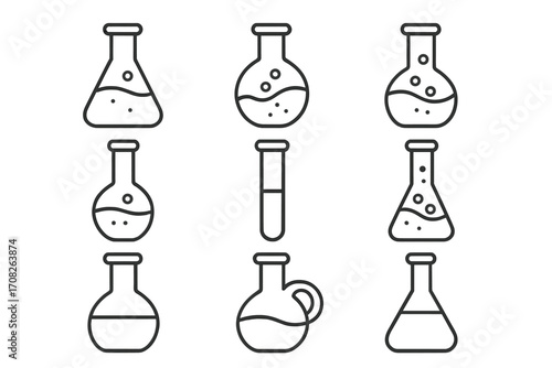 Set of laboratory flask and test tube line icons. Chemistry lab glassware, beaker, and vial symbols for science experiment. Vector research equipment outline icon set.