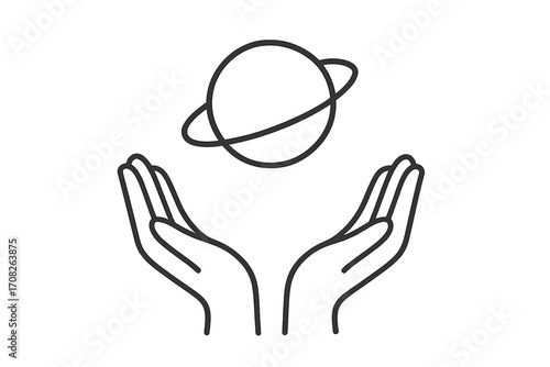 Thin line icon of planet with rings floating above open hands, space concept, protection, care, cosmic illustration, vector cartoon, transparent background, modern design for apps and graphics