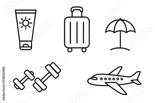 Travel related outline icon set with sunscreen tube, luggage bag, beach umbrella, fitness dumbbells, and airplane silhouette for banners, infographics, books, articles, travel guides design