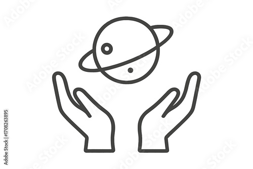 Thin line icon of planet with rings floating above open hands, symbolizing space care, cosmic energy, universe protection concept, vector cartoon illustration for apps and design