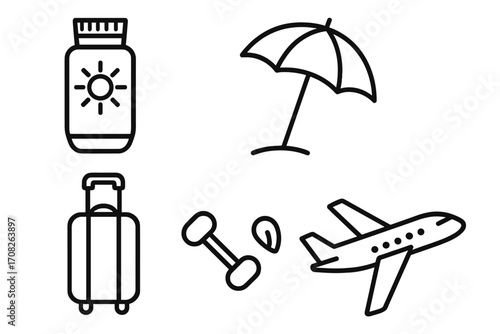 Travel related outline icon set including sunscreen bottle, beach umbrella, luggage suitcase, fitness dumbbell with leaf, airplane design for banners, infographics, articles, books