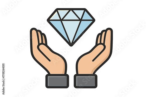 Open hands holding sparkling diamond icon, precious gem symbol, valuable jewel illustration, cartoon style vector graphic for websites, cards, apps, transparent background