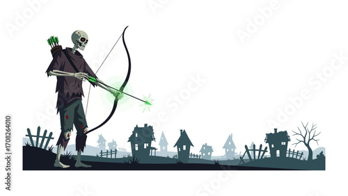 Skeleton Archer: A skeletal archer with glowing arrows takes aim against the backdrop of a spooky town, set against an illustrated night scene.