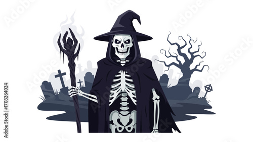 Mysterious Wizard: A spectral wizard stands guard, a symbol of the mystique and the occult, set against a backdrop of tombstones, spooky trees, and an enchanted atmosphere.