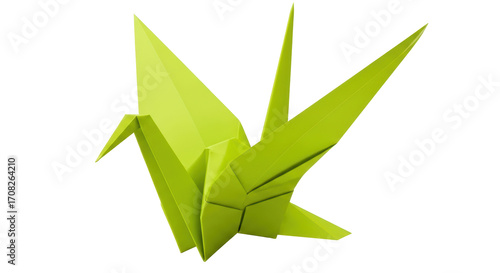 Isolated origami paper crane is shown in green on a clean surface. Japanese art form, symbol