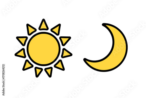 Bright sun and crescent moon isolated icons for web and app design, simple vector cartoon illustrations with transparent background, weather symbols set, day and night concept