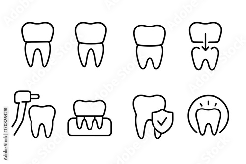 Dental care icons set, tooth health and protection, dental implant, crown, dental drill, oral hygiene, dentist tools, medical teeth vector illustration, outline design