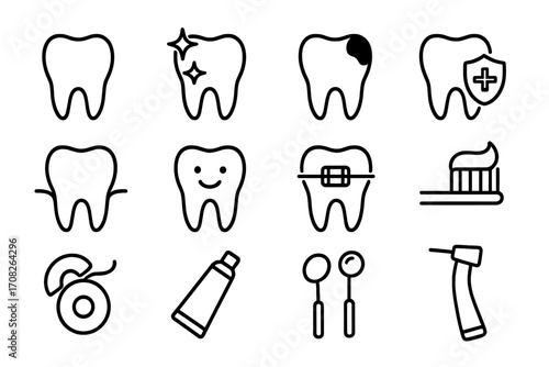 Teeth bundle of related dental line icons, outline tooth symbols for graphic design, apps, adverts, dental care, hygiene, orthodontics, toothpaste, floss, and dentist tools vector illustration