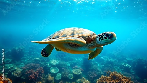 Hawaiian Green Sea Turtle gracefully swimming through sunlit ocean waters near a colorful coral reef.