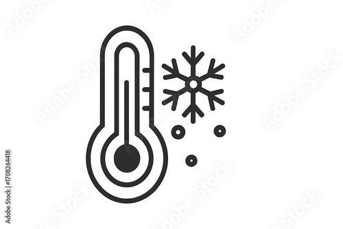 Minimalist thermometer with snowflake icon, cold temperature symbol, winter weather vector, thin line design for web, apps, banners, social media, cards, transparent background