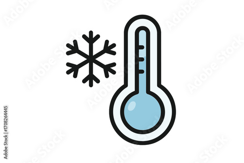 Cold temperature thermometer icon with snowflake symbol, modern outline style vector illustration for design, apps, social networks, weather, winter, and cold climate concept